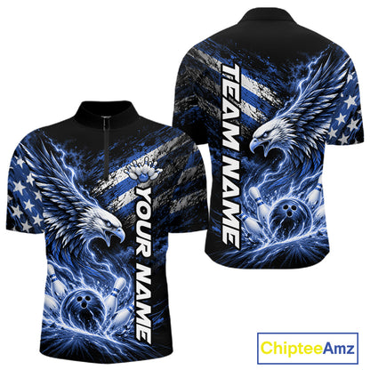 Custom Patriotic Blue American Eagle Bowling Jerseys, US Flag Bowling Men Quarter Zip Shirt IPHW12377