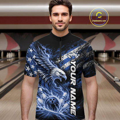 Custom Patriotic Blue American Eagle Bowling Jerseys, US Flag Bowling Men Quarter Zip Shirt IPHW12377