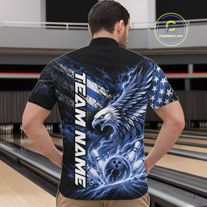 Custom Patriotic Blue American Eagle Bowling Jerseys, US Flag Bowling Men Quarter Zip Shirt IPHW12377