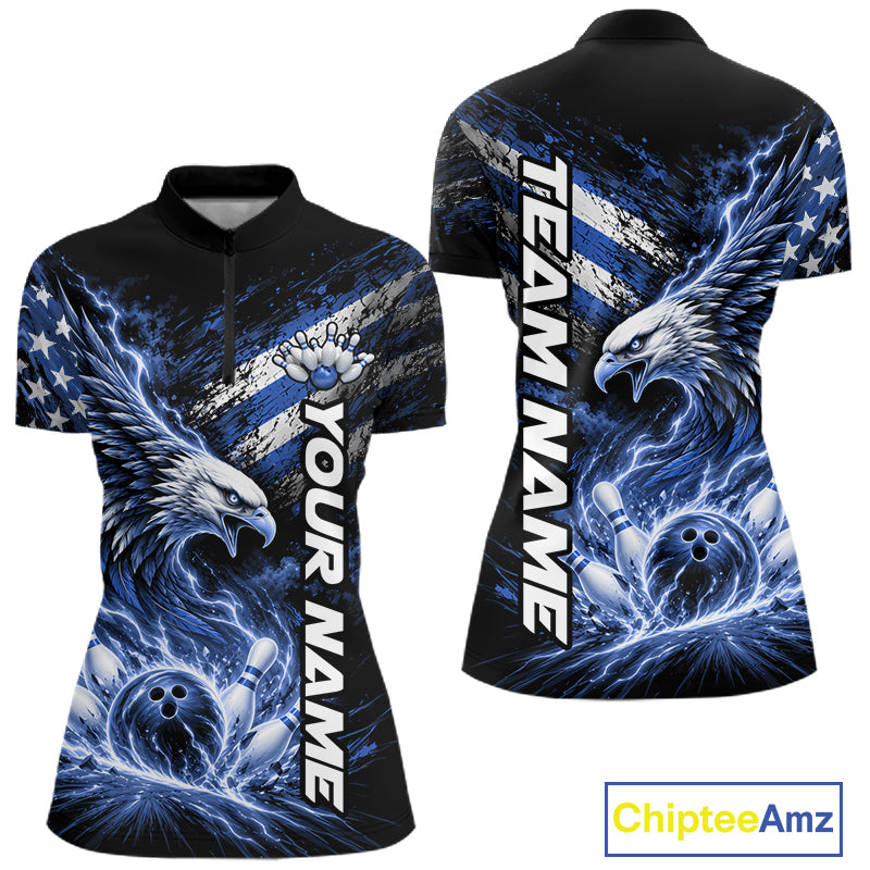 Custom Patriotic Blue American Eagle Bowling Jersey, US Flag Bowling Women Quarter-Zip IPHW12377