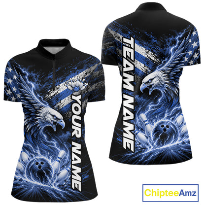 Custom Patriotic Blue American Eagle Bowling Jersey, US Flag Bowling Women Quarter-Zip IPHW12377
