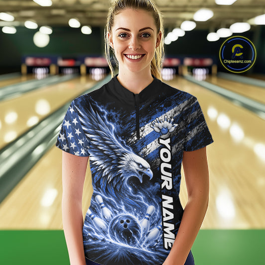 Custom Patriotic Blue American Eagle Bowling Jersey, US Flag Bowling Women Quarter-Zip IPHW12377