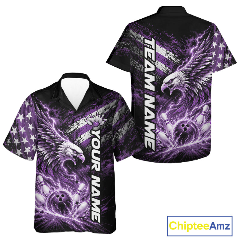 Custom Patriotic Purple American Eagle Bowling Jerseys, US Flag Bowling Men And Women Button Up Shirt IPHW12378
