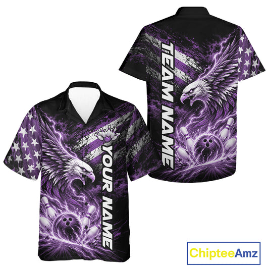 Custom Patriotic Purple American Eagle Bowling Jerseys, US Flag Bowling Men And Women Button Up Shirt IPHW12378
