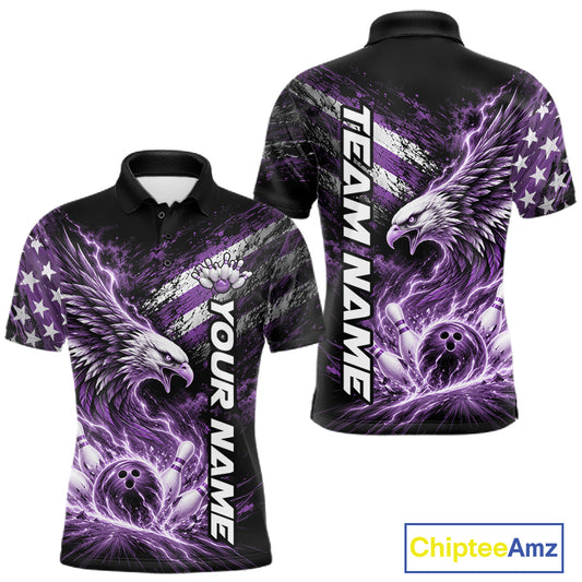 Custom Patriotic Purple American Eagle Bowling Jerseys, US Flag Bowling Men Polo Shirt IPHW12378