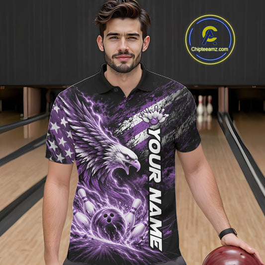 Custom Patriotic Purple American Eagle Bowling Jerseys, US Flag Bowling Men Polo Shirt IPHW12378