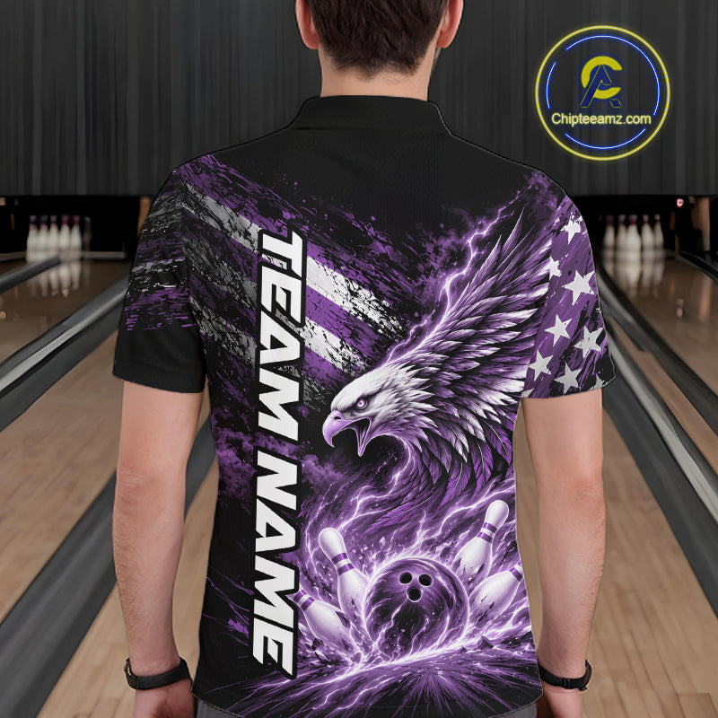Custom Patriotic Purple American Eagle Bowling Jerseys, US Flag Bowling Men Polo Shirt IPHW12378