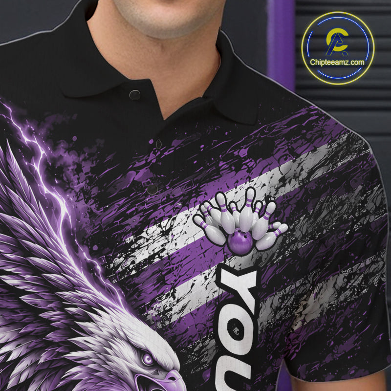 Custom Patriotic Purple American Eagle Bowling Jerseys, US Flag Bowling Men Polo Shirt IPHW12378
