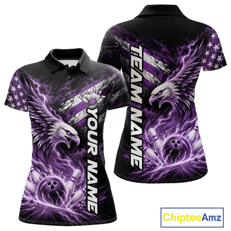 Custom Patriotic Purple American Eagle Bowling Jerseys, US Flag Bowling Women Polo Shirt IPHW12378