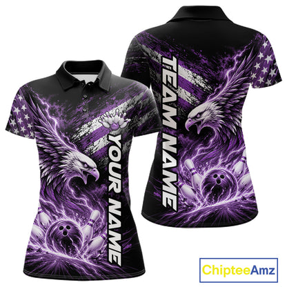 Custom Patriotic Purple American Eagle Bowling Jerseys, US Flag Bowling Women Polo Shirt IPHW12378