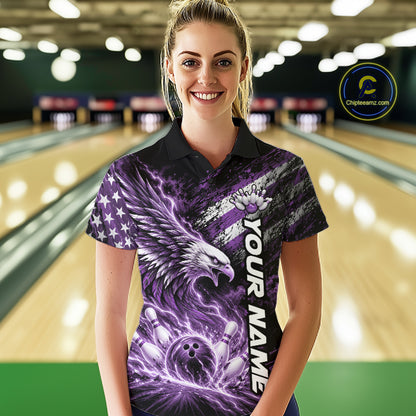 Custom Patriotic Purple American Eagle Bowling Jerseys, US Flag Bowling Women Polo Shirt IPHW12378