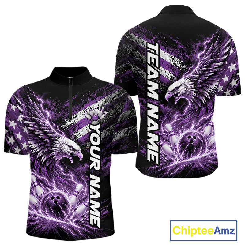 Custom Patriotic Purple American Eagle Bowling Jerseys, US Flag Bowling Men Quarter Zip Shirt IPHW12378