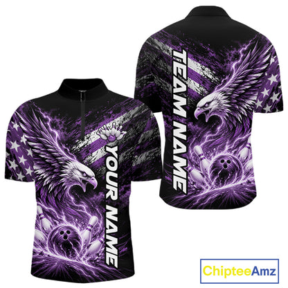 Custom Patriotic Purple American Eagle Bowling Jerseys, US Flag Bowling Men Quarter Zip Shirt IPHW12378