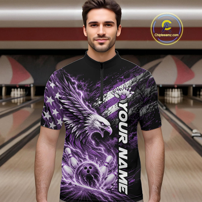 Custom Patriotic Purple American Eagle Bowling Jerseys, US Flag Bowling Men Quarter Zip Shirt IPHW12378
