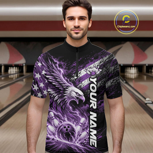 Custom Patriotic Purple American Eagle Bowling Jerseys, US Flag Bowling Men Quarter Zip Shirt IPHW12378