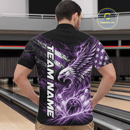 Custom Patriotic Purple American Eagle Bowling Jerseys, US Flag Bowling Men Quarter Zip Shirt IPHW12378