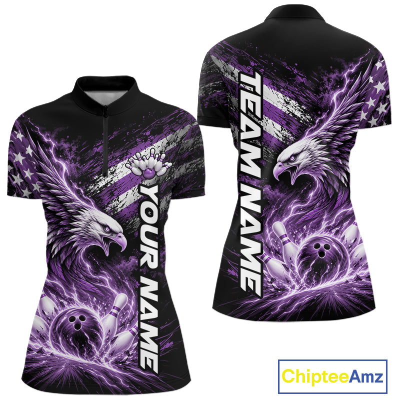Custom Patriotic Purple American Eagle Bowling Jersey, US Flag Bowling Women Quarter-Zip IPHW12378