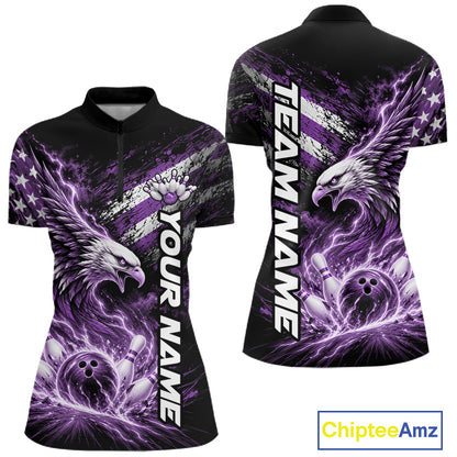 Custom Patriotic Purple American Eagle Bowling Jersey, US Flag Bowling Women Quarter-Zip IPHW12378
