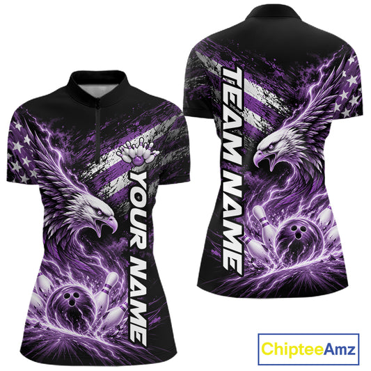 Custom Patriotic Purple American Eagle Bowling Jersey, US Flag Bowling Women Quarter-Zip IPHW12378