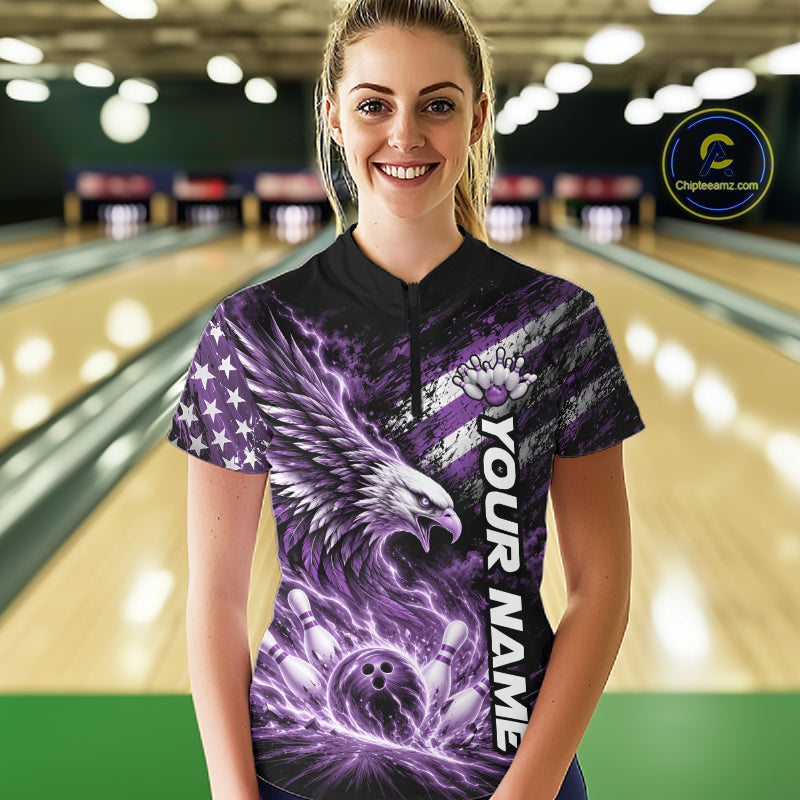 Custom Patriotic Purple American Eagle Bowling Jersey, US Flag Bowling Women Quarter-Zip IPHW12378
