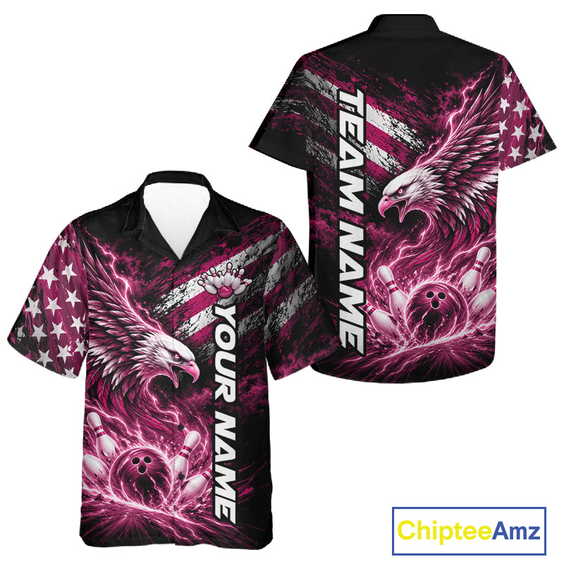 Custom Patriotic Pink American Eagle Bowling Jerseys, US Flag Bowling Men And Women Button Up Shirt IPHW12379