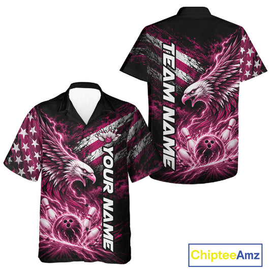 Custom Patriotic Pink American Eagle Bowling Jerseys, US Flag Bowling Men And Women Button Up Shirt IPHW12379