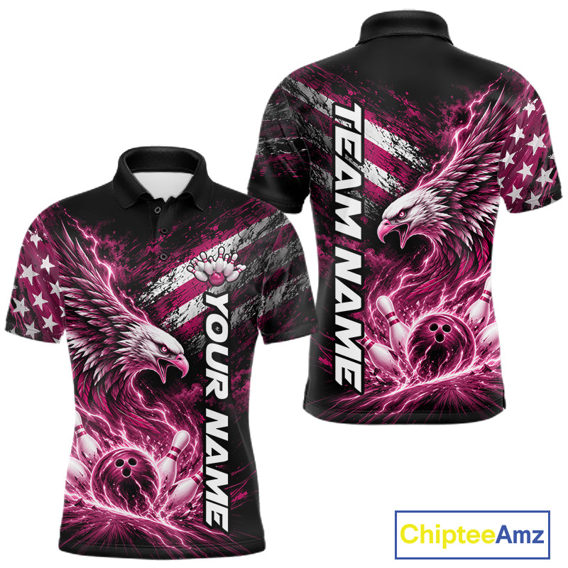 Custom Patriotic Pink American Eagle Bowling Jerseys, US Flag Bowling Men Polo Shirt IPHW12379