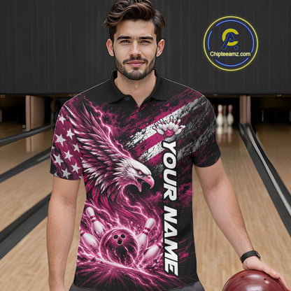 Custom Patriotic Pink American Eagle Bowling Jerseys, US Flag Bowling Men Polo Shirt IPHW12379
