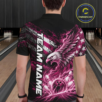 Custom Patriotic Pink American Eagle Bowling Jerseys, US Flag Bowling Men Polo Shirt IPHW12379