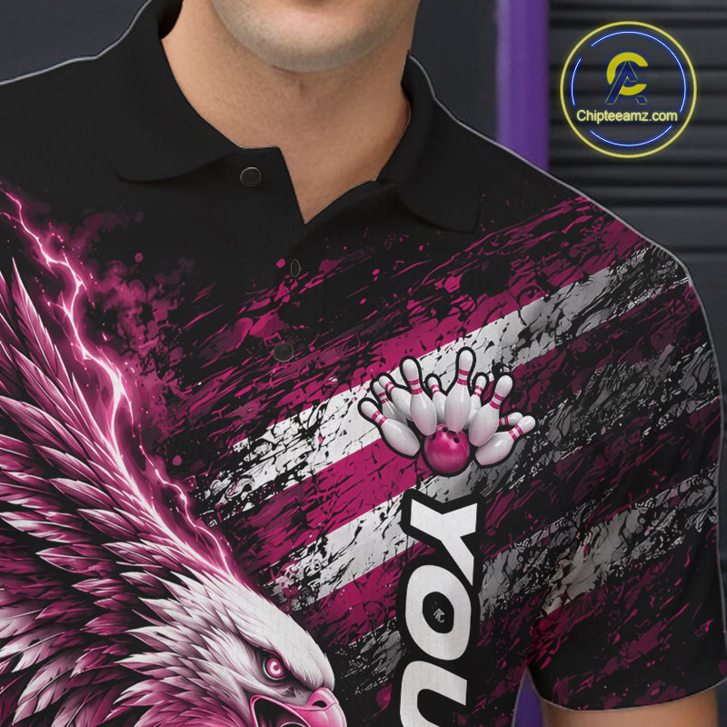 Custom Patriotic Pink American Eagle Bowling Jerseys, US Flag Bowling Men Polo Shirt IPHW12379