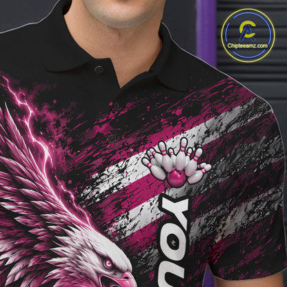 Custom Patriotic Pink American Eagle Bowling Jerseys, US Flag Bowling Men Polo Shirt IPHW12379