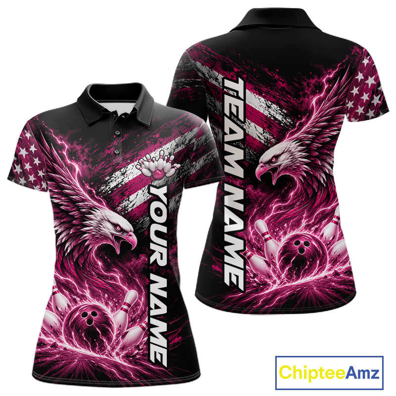 Custom Patriotic Pink American Eagle Bowling Jerseys, US Flag Bowling Women Polo Shirt IPHW12379