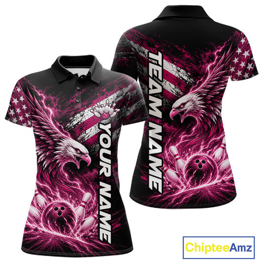 Custom Patriotic Pink American Eagle Bowling Jerseys, US Flag Bowling Women Polo Shirt IPHW12379