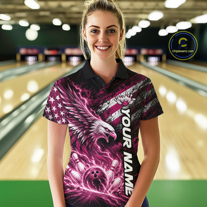 Custom Patriotic Pink American Eagle Bowling Jerseys, US Flag Bowling Women Polo Shirt IPHW12379