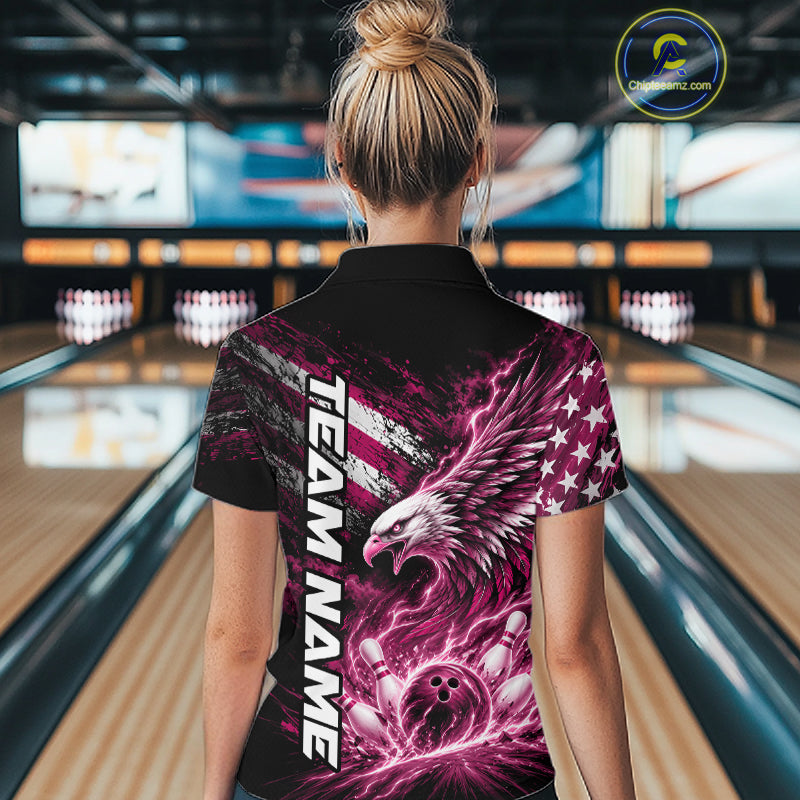 Custom Patriotic Pink American Eagle Bowling Jerseys, US Flag Bowling Women Polo Shirt IPHW12379