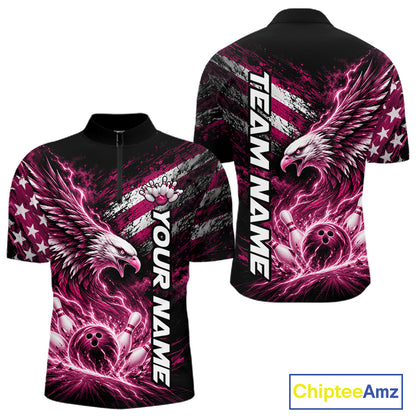 Custom Patriotic Pink American Eagle Bowling Jerseys, US Flag Bowling Men Quarter Zip Shirt IPHW12379