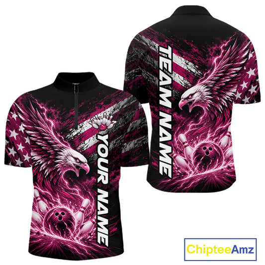 Custom Patriotic Pink American Eagle Bowling Jerseys, US Flag Bowling Men Quarter Zip Shirt IPHW12379