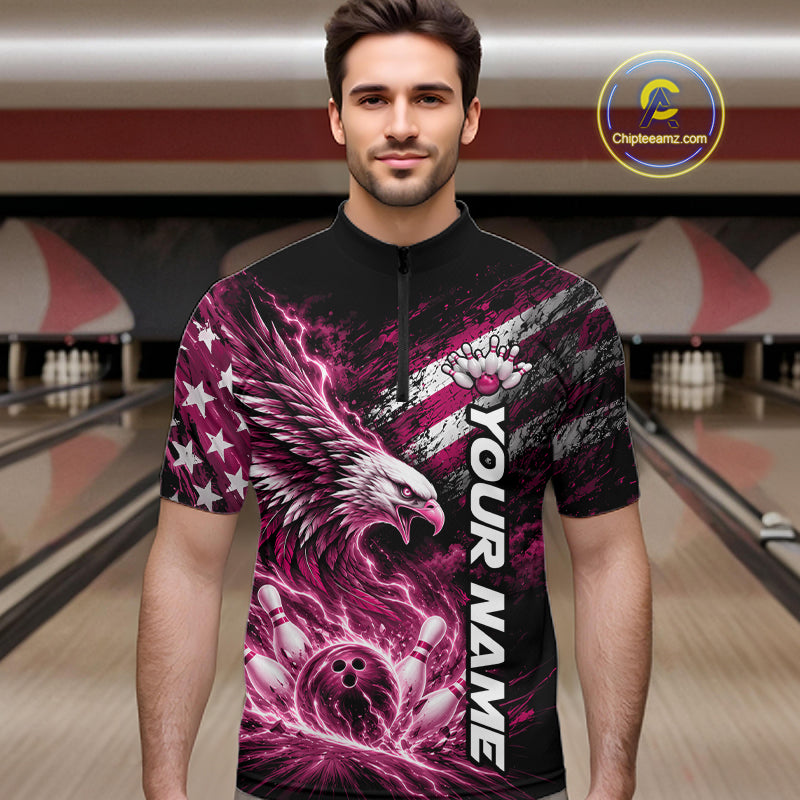 Custom Patriotic Pink American Eagle Bowling Jerseys, US Flag Bowling Men Quarter Zip Shirt IPHW12379