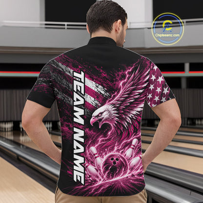 Custom Patriotic Pink American Eagle Bowling Jerseys, US Flag Bowling Men Quarter Zip Shirt IPHW12379