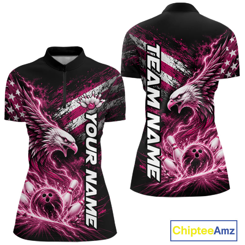 Custom Patriotic Pink American Eagle Bowling Jerseys, US Flag Bowling Women Quarter-Zip IPHW12379