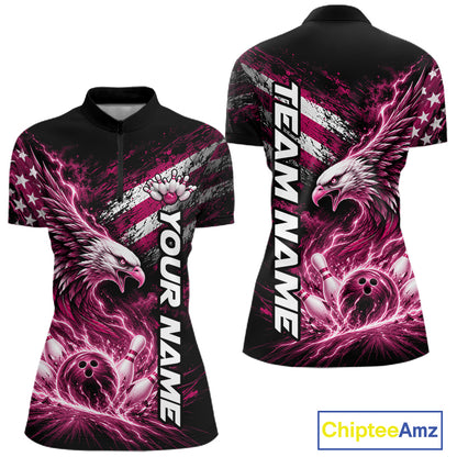 Custom Patriotic Pink American Eagle Bowling Jerseys, US Flag Bowling Women Quarter-Zip IPHW12379