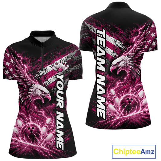 Custom Patriotic Pink American Eagle Bowling Jerseys, US Flag Bowling Women Quarter-Zip IPHW12379