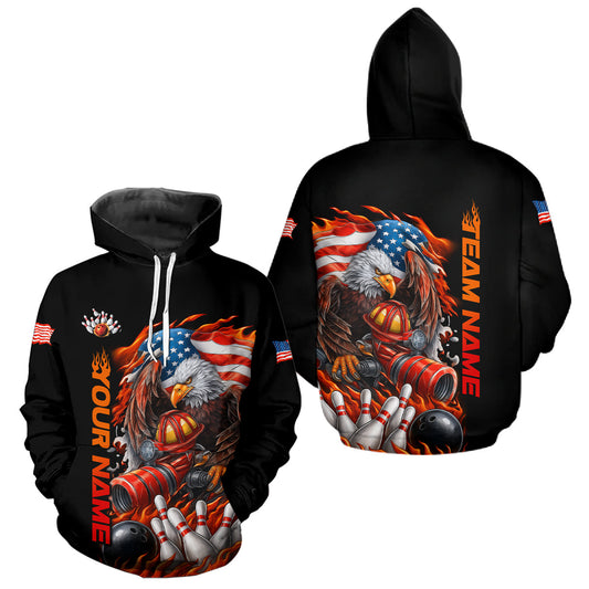 Custom Patriotic Flame Eagle Men And Women Bowling Team Shirt, Firefighter Bowling Shirt IPHW10202