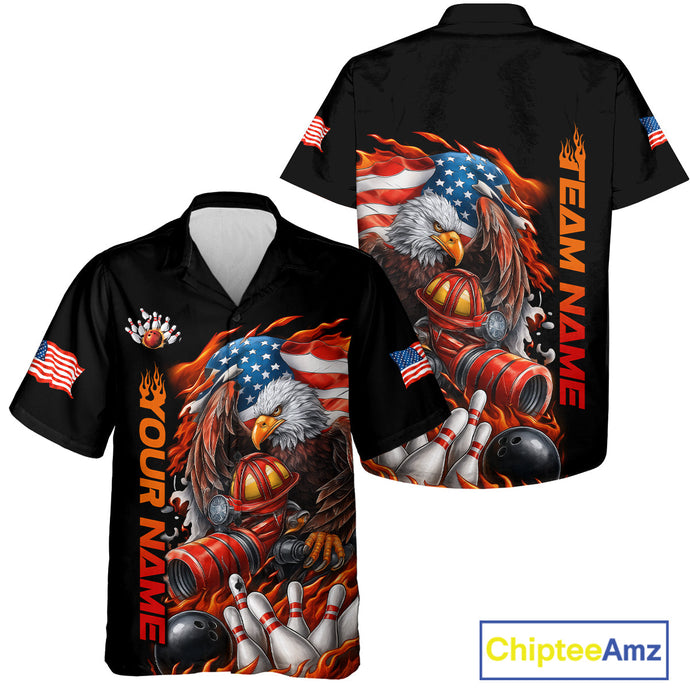 Custom Patriotic Flame Eagle Men And Women Bowling Team Shirt, Firefighter Bowling Shirt IPHW10202