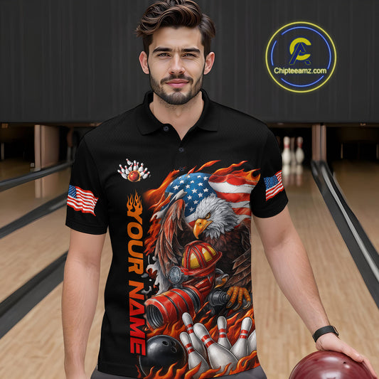Custom Patriotic Flame Eagle Men Bowling Team Shirt, Firefighter Bowling Shirt IPHW10202