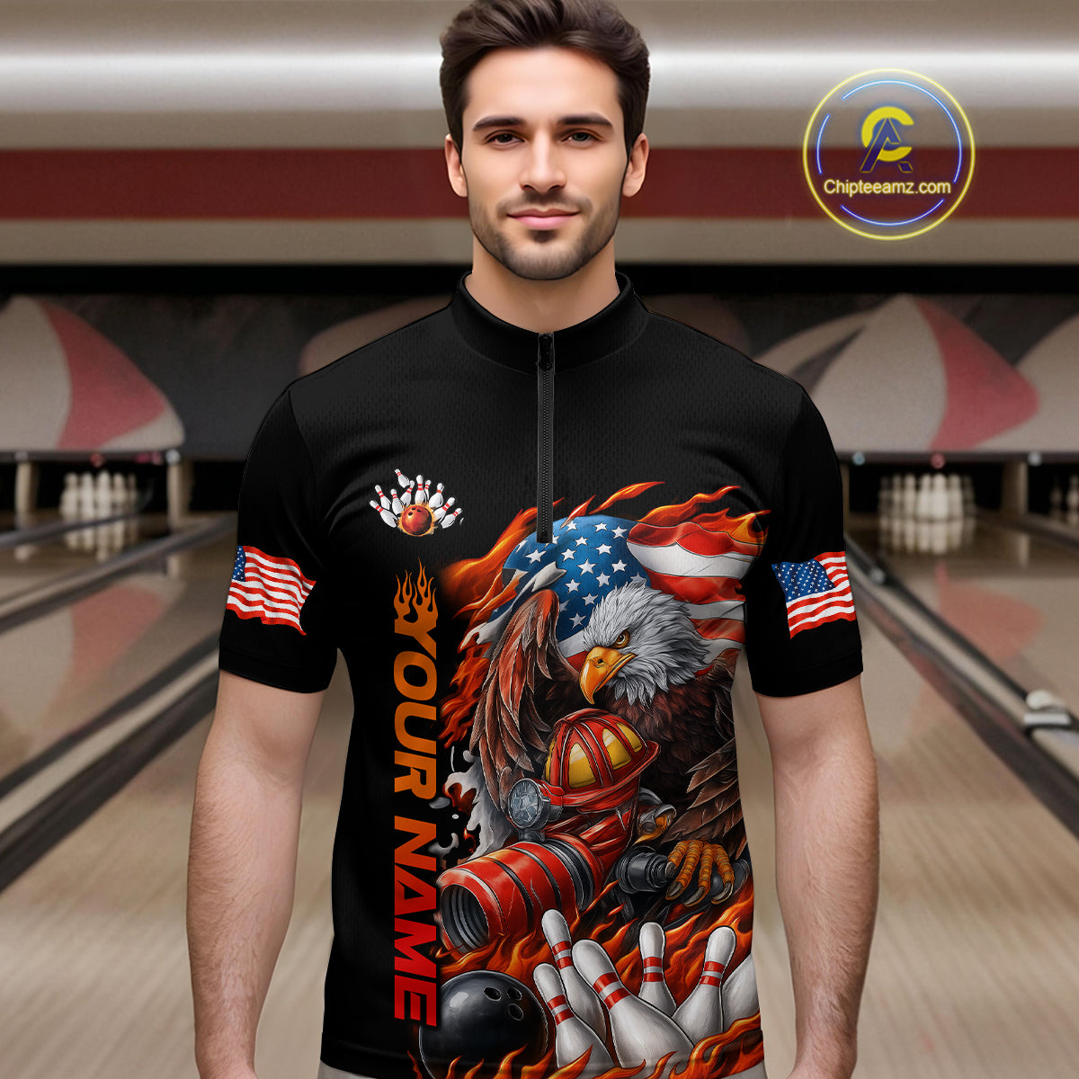 Custom Patriotic Flame Eagle Men Bowling Team Shirt, Firefighter Bowling Shirt IPHW10202