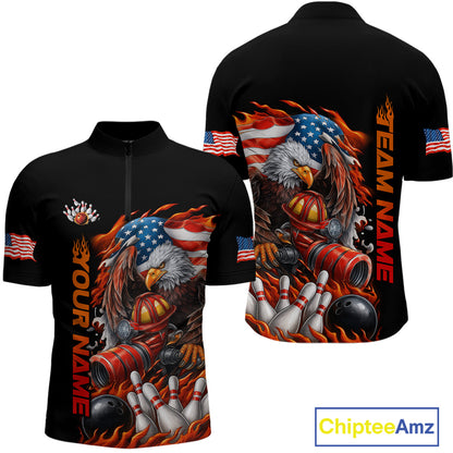 Custom Patriotic Flame Eagle Men Bowling Team Shirt, Firefighter Bowling Shirt IPHW10202