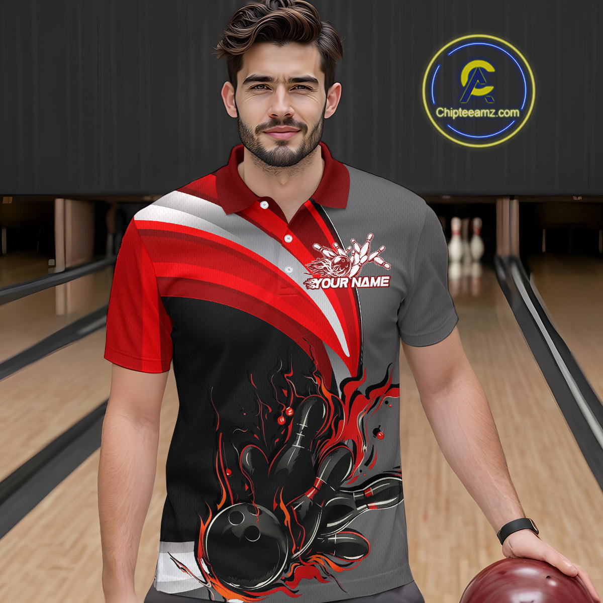 Custom Black, Red And Gray Flame Bowling Polo Shirts For Men, Bowling Team League Shirt IPHW9273