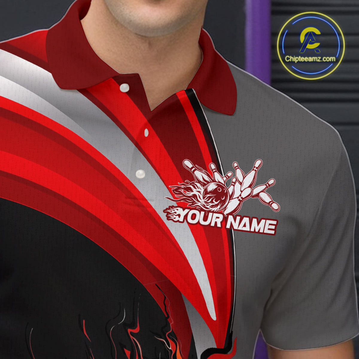 Custom Black, Red And Gray Flame Bowling Polo Shirts For Men, Bowling Team League Shirt IPHW9273