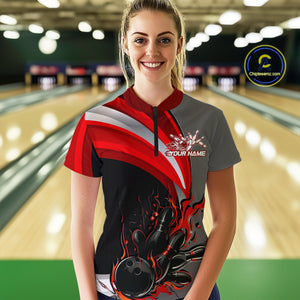 Custom Black, Red And Gray Flame Bowling Women Quarter-Zip Shirt, Bowling League Shirt IPHW9273